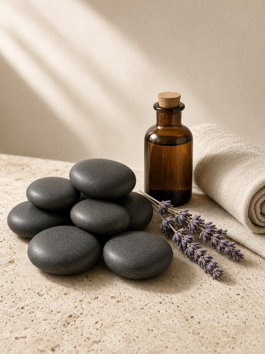 Basalt massage stones, an amber oil bottle and dried lavender