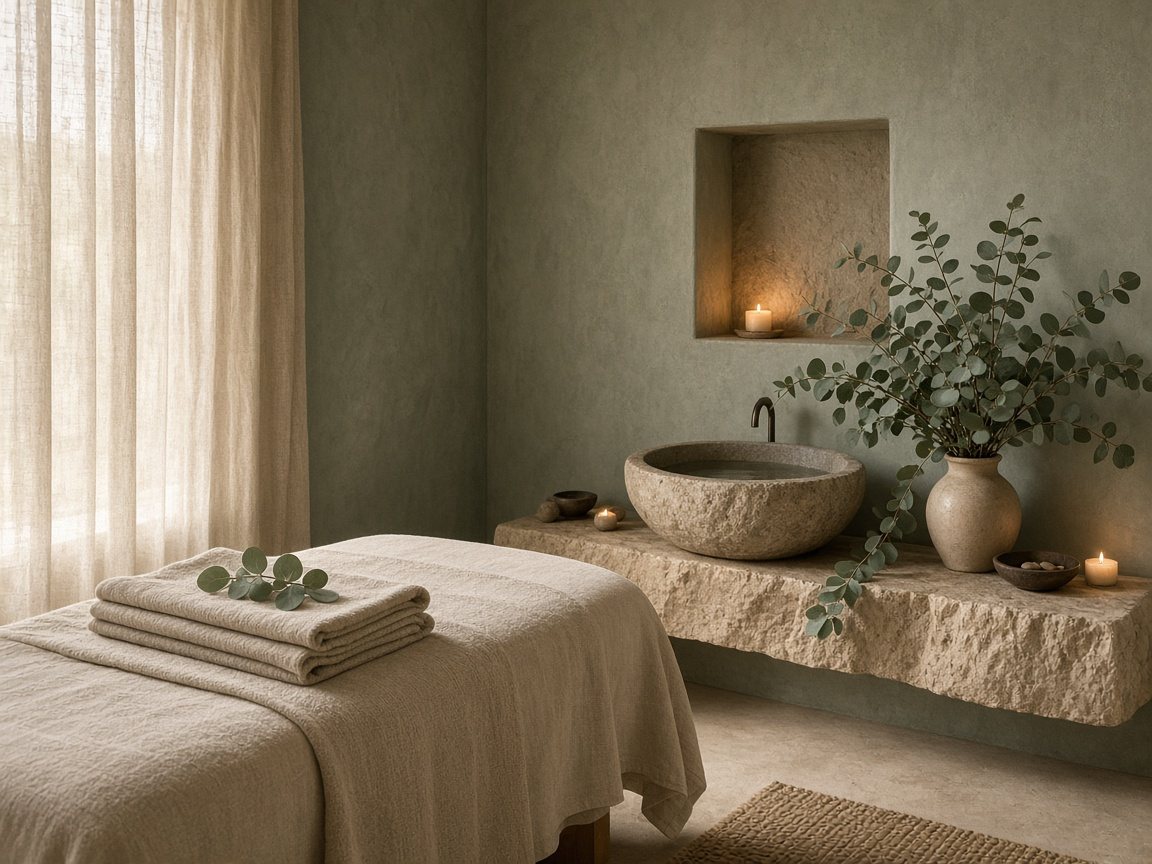 Candlelit spa treatment room with linen towels, a stone basin and eucalyptus